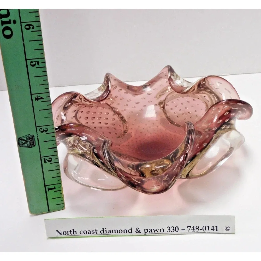 VTG Cranberry Murano Style Bullicante Art Glass Ruffled Bowl Purple 7 inch JC123